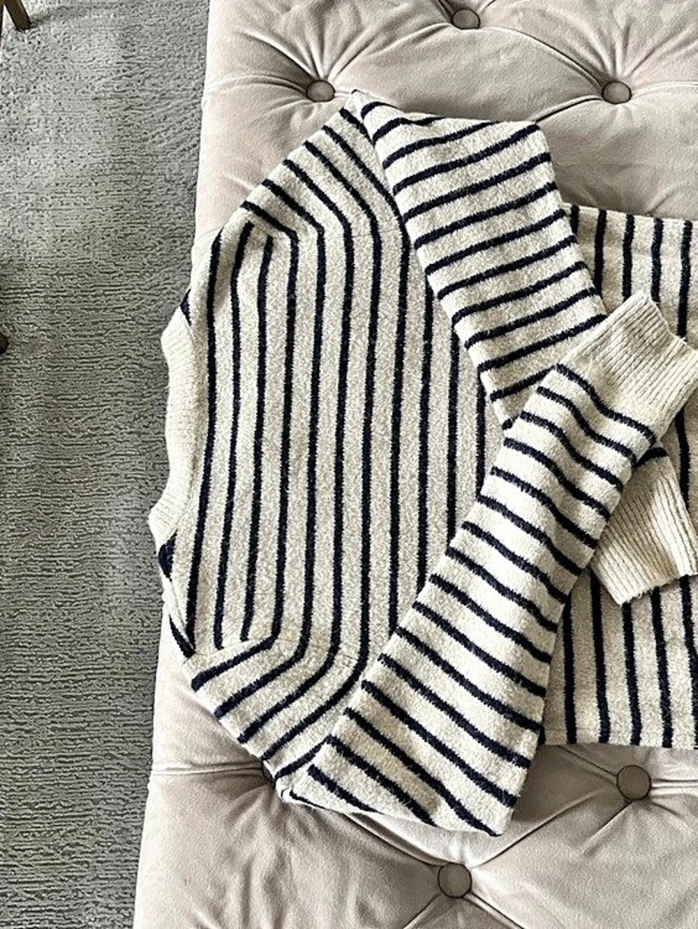 ZARA Striped Knit Cardigan with Gold Buttons in Cream & Blue